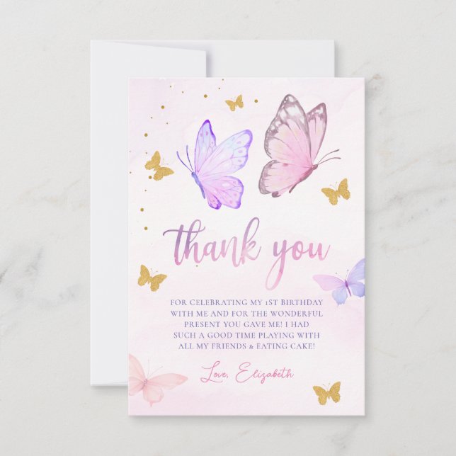 Carte De Remerciements Papillon rose violet or fille fête d'anniversaire (Devant)