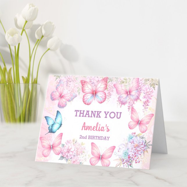 Carte De Remerciements Papillon rose violet pastel été fille Anniversaire (Butterfly Pink Purple Pastel Summer Girl Birthday Thank You Card)