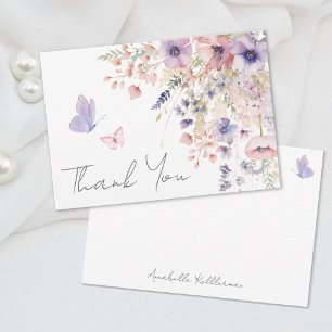 Carte De Remerciements Papillon Rouge Rosé Fleur Sauvage Violet
