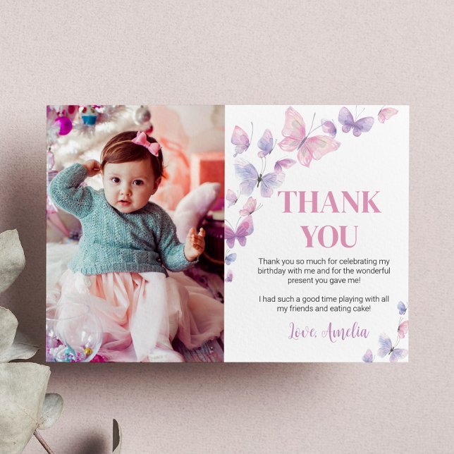 Carte De Remerciements Papillon Violet Rose Photo de remerciement d'anniv (Créateur téléchargé)