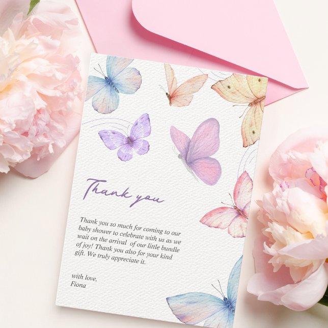Carte De Remerciements Papillons Élégant Baby shower écrit à la main (Butterfly baby shower Thank you card)