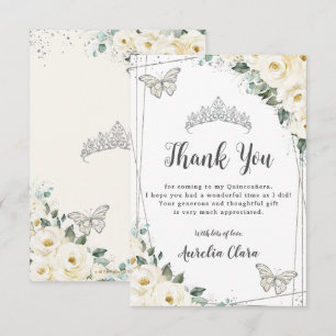 Carte De Remerciements Papillons en argent blanc ivoire Quinceañera