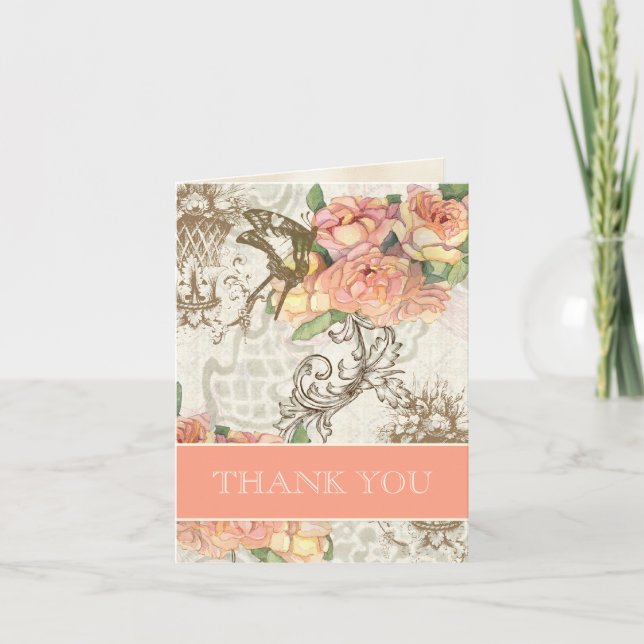 Carte De Remerciements Papillons et Roses Mariage Élégant Remerciements (Devant)