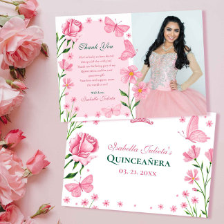 Carte De Remerciements Papillons florale rose pâle Photo Quinceañera