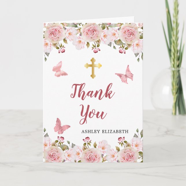 Carte De Remerciements Papillons floraux roses Première communion 2 Photo (Devant)