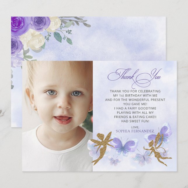 Carte De Remerciements Papillons Purple Gold Fairy Premier anniversaire (Devant / Derrière)