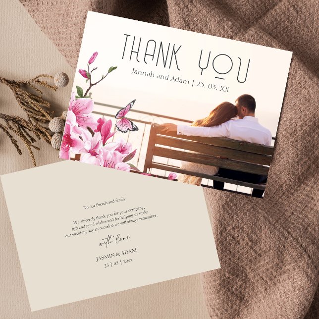Carte De Remerciements Papillons rose moderne Floral Mariage photo (Modern Pink Butterflies Floral Photo Wedding Thank You Card)