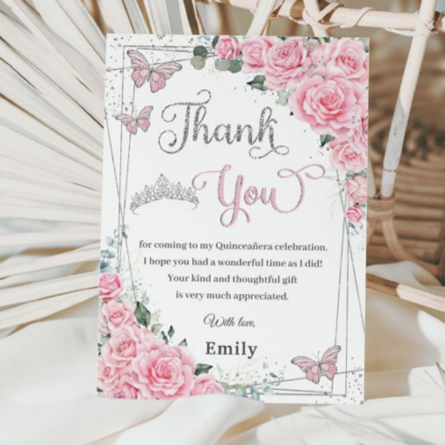 Carte De Remerciements Papillons Roses rose Floral Doux 16 Quinceañera (Créateur téléchargé)