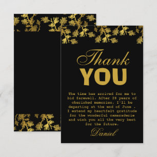Carte De Remerciements Parti de retraite moderne élégant Floral Or noir