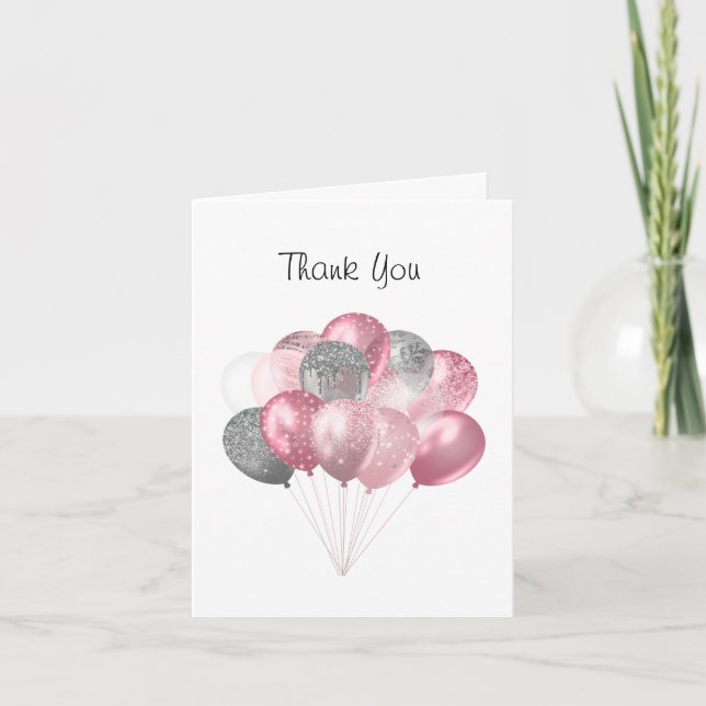 Carte De Remerciements Parties scintillant Balloon Bunch rose et argent (Devant)