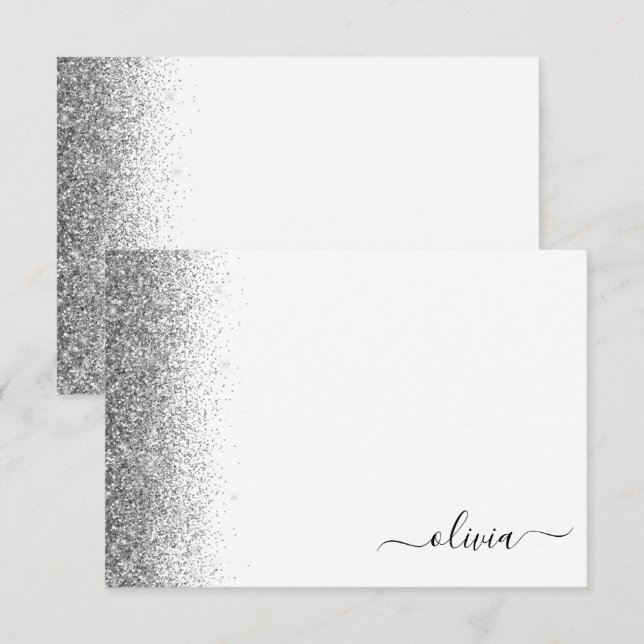 Carte De Remerciements Parties scintillant blanche en argent Script Monog (Devant / Derrière)