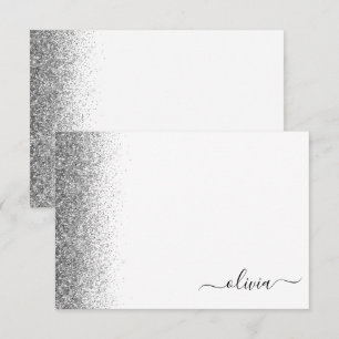 Carte De Remerciements Parties scintillant blanche en argent Script Monog