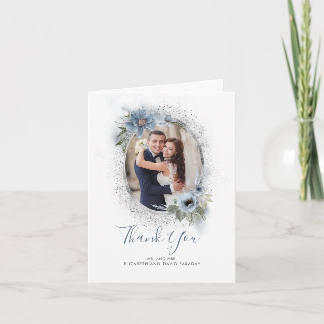 Carte De Remerciements Parties scintillant bleu et argent Dusty Photo (Devant)