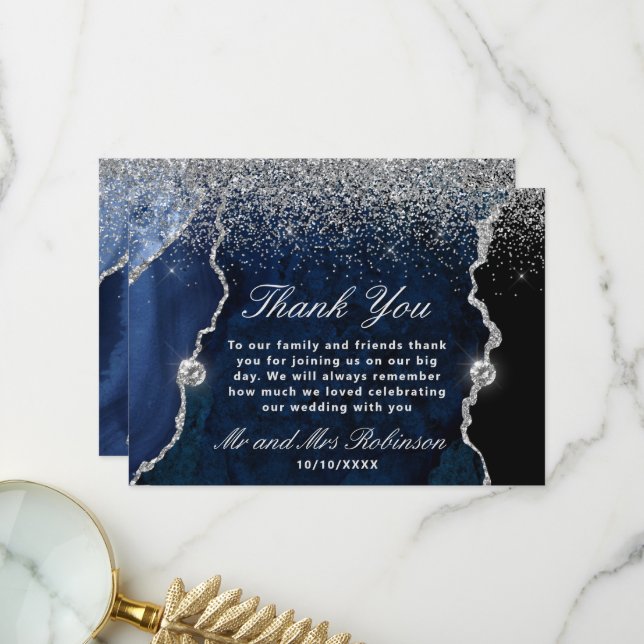Carte De Remerciements Parties scintillant bleue et argent Agate marbre M (Devant/Arrière en situation)
