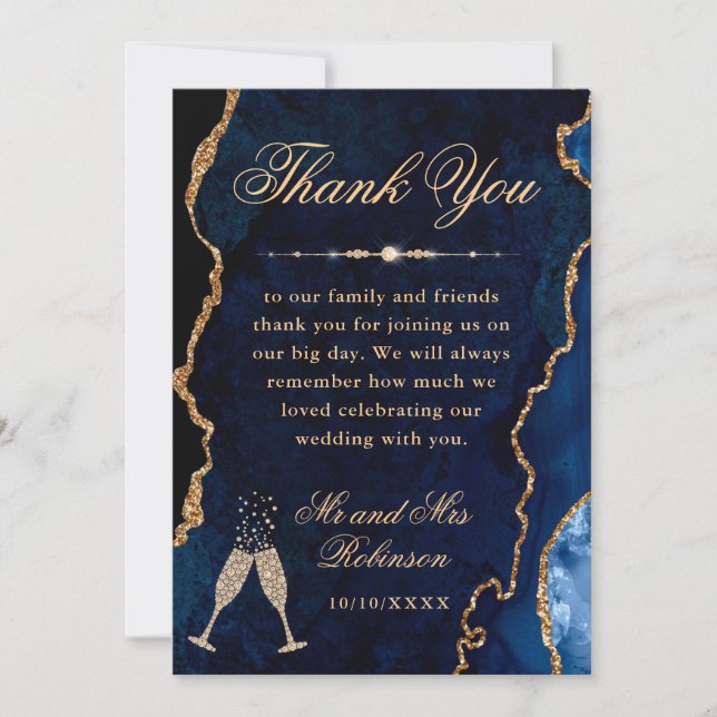 Carte De Remerciements Parties scintillant bleue et or Agate et Mariage e (Devant)