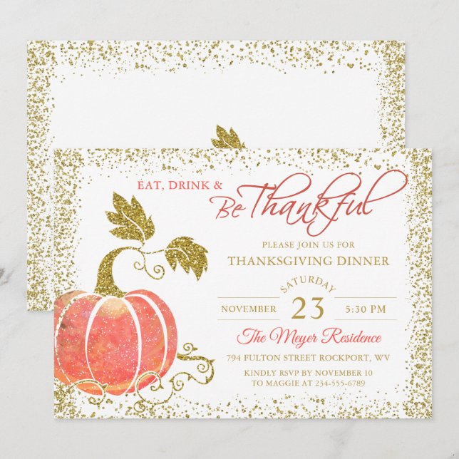 Carte De Remerciements Parties scintillant citrouille Thanksgiving Dîner  (Devant / Derrière)
