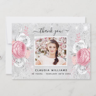 Carte De Remerciements Parties scintillant d'anniversaire rose floral pho