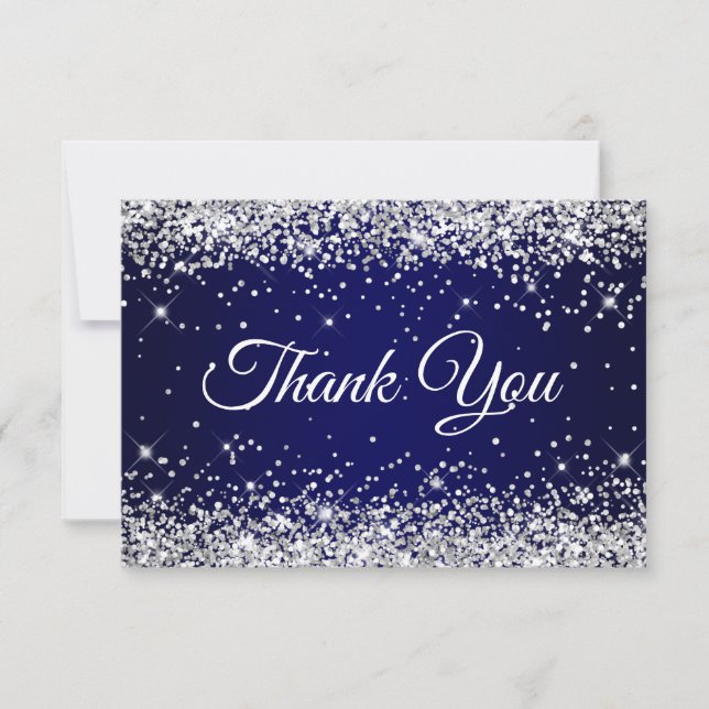 Carte De Remerciements Parties scintillant d'argent bleu marine 40e anniv (Devant)