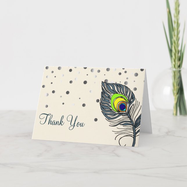 Carte De Remerciements Parties scintillant d'argent Confetti Peacock Merc (Devant)