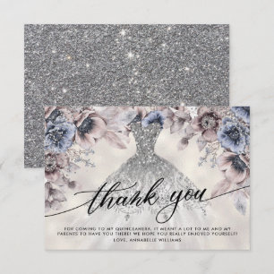 Carte De Remerciements Parties scintillant d'argent Floral Quinceañera Me