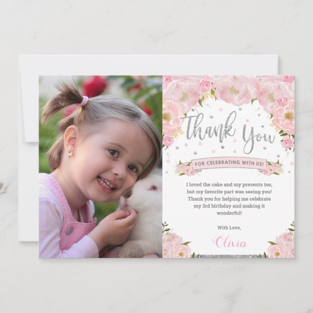 Carte De Remerciements Parties scintillant d'argent florale rose pâle pho (Devant)