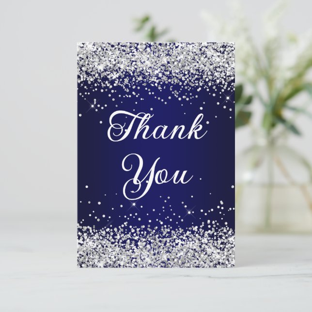 Carte De Remerciements Parties scintillant d'argent Marine Blue Ombre 40e (Debout devant)