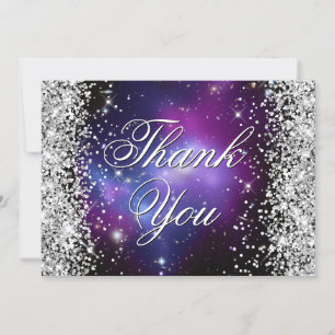 Carte De Remerciements Parties scintillant d'argent mousseux violet photo