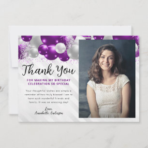 Carte De Remerciements Parties scintillant de ballons d'argent violet pho