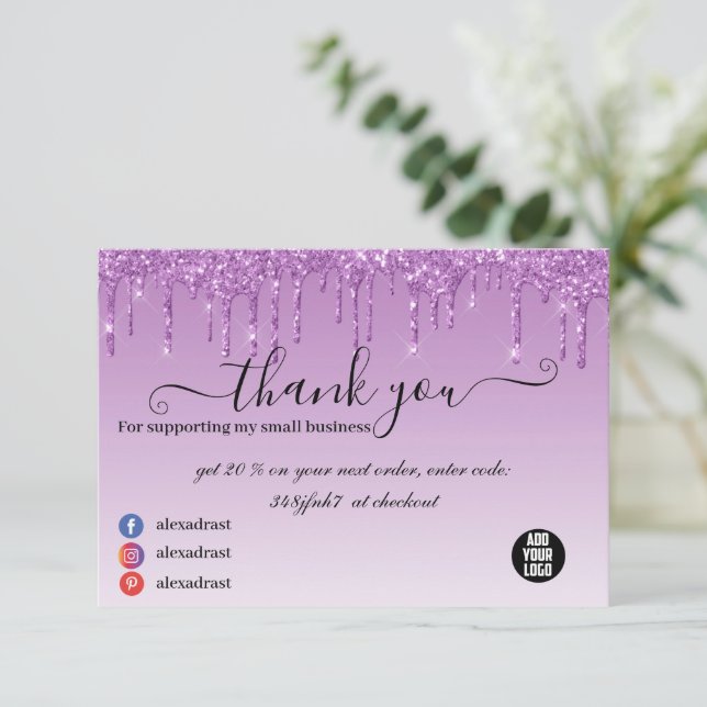 Carte De Remerciements Parties scintillant de séchage d'affaires violet d (Debout devant)