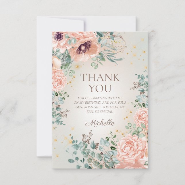 Carte De Remerciements Parties scintillant d'or floral rose pâle Annivers (Devant)