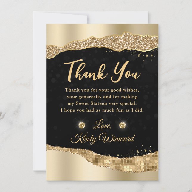 Carte De Remerciements Parties scintillant d'or Glam Tears Sweet sixteen (Devant)