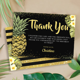 Carte De Remerciements Parties scintillant d'or noir moderne ananas Flora