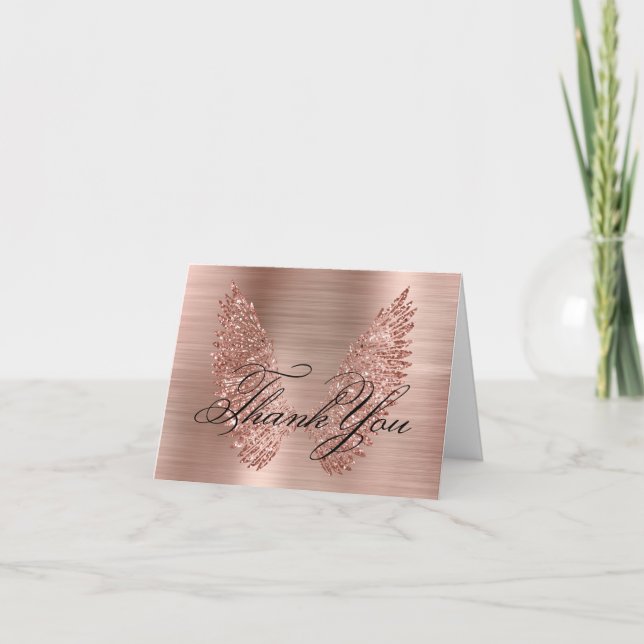 Carte De Remerciements Parties scintillant d'or rose ailes et calligraphi (Devant)