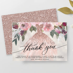 Carte De Remerciements Parties scintillant d'or rose Floral Quinceañera