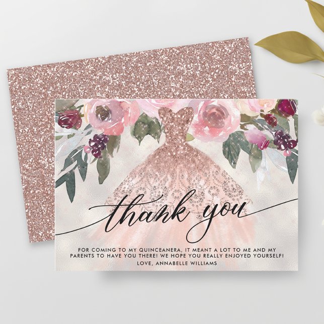 Carte De Remerciements Parties scintillant d'or rose Floral Quinceañera (Créateur téléchargé)