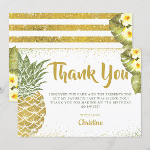 Carte De Remerciements Parties scintillant d'or vert tropical ananas Anni