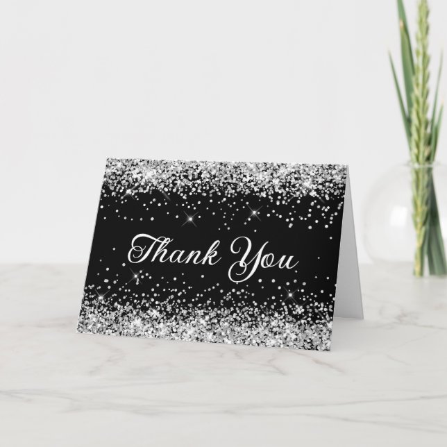 Carte De Remerciements Parties scintillant en argent noir (Devant)