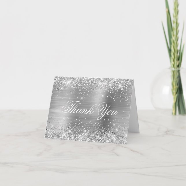 Carte De Remerciements Parties scintillant et huile brillante en argent (Devant)