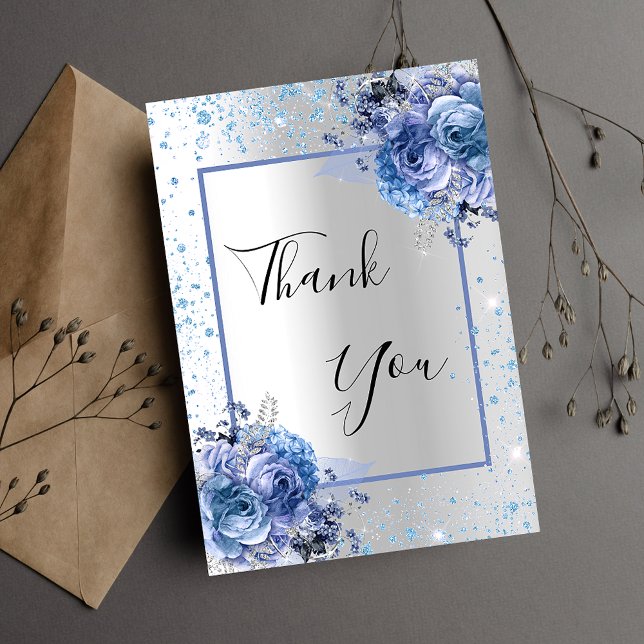 Carte De Remerciements Parties scintillant florale bleu argent élégant gl (Créateur téléchargé)