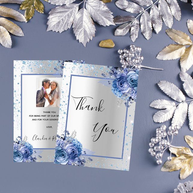 Carte De Remerciements Parties scintillant florale bleu argenté mariage (Créateur téléchargé)