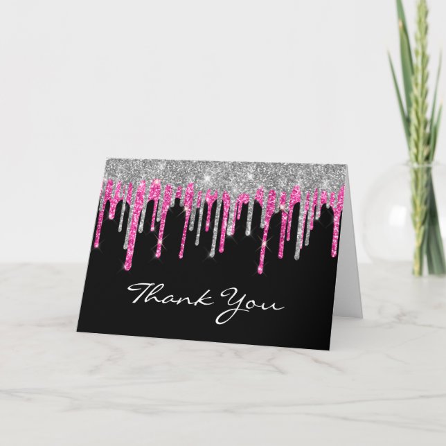 Carte De Remerciements Parties scintillant noire en argent profond rose g (Devant)