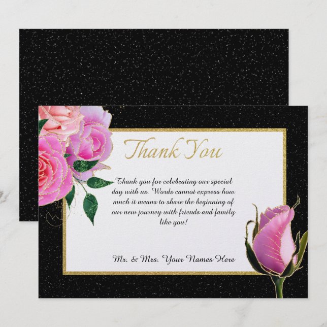 Carte De Remerciements Parties scintillant noire et blanche et roses rose (Devant / Derrière)