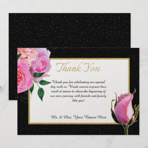 Carte De Remerciements Parties scintillant noire et blanche et roses rose