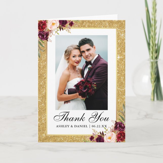 Carte De Remerciements Parties scintillant or mariage Bourgogne Floral ph (Devant)