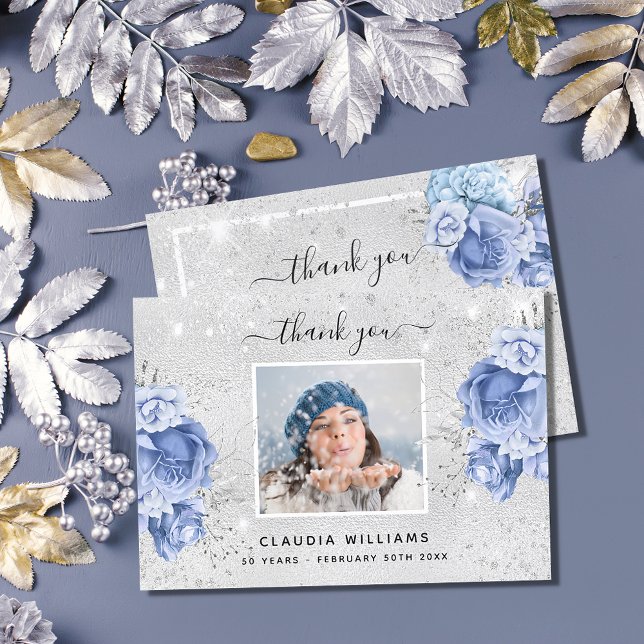Carte De Remerciements Parties scintillant photo florale bleu argenté (Créateur téléchargé)