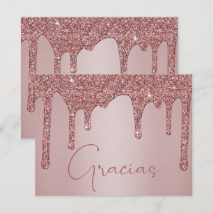Carte De Remerciements Parties scintillant rose à goutte d'or Quinceanera