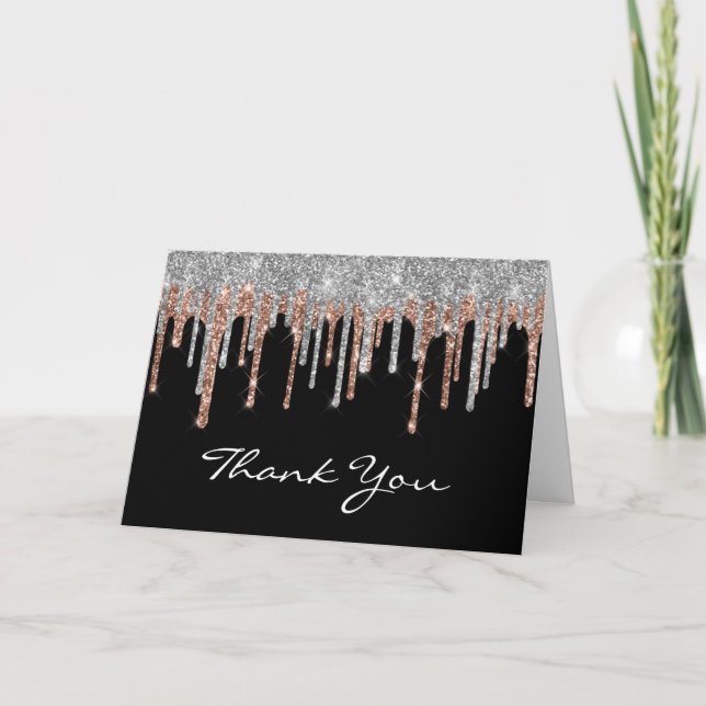 Carte De Remerciements Parties scintillant Rose d'or argent Drip Noir 40e (Devant)