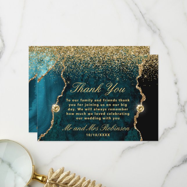 Carte De Remerciements Parties scintillant turquoise et or Agate Mariage  (Devant/Arrière en situation)