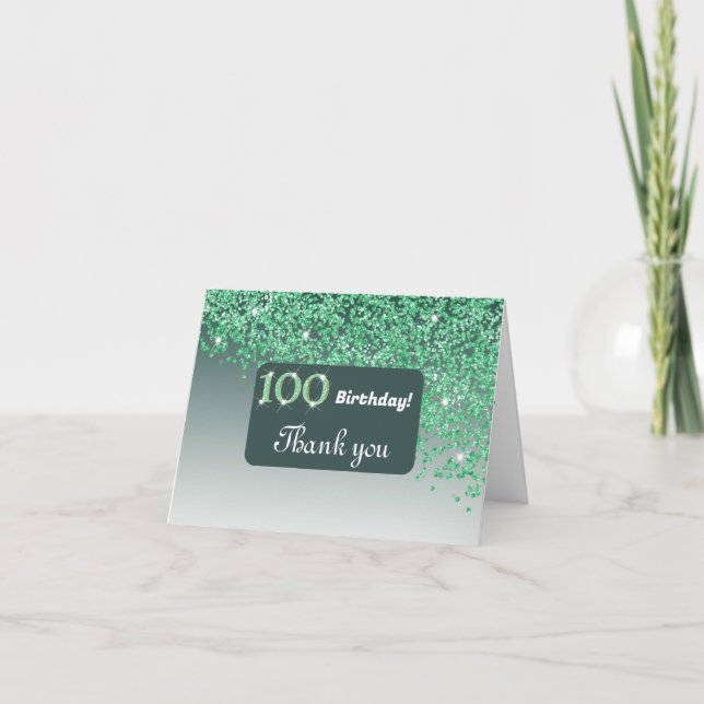Carte De Remerciements Parties scintillant verte brillante, 100e annivers (Devant)