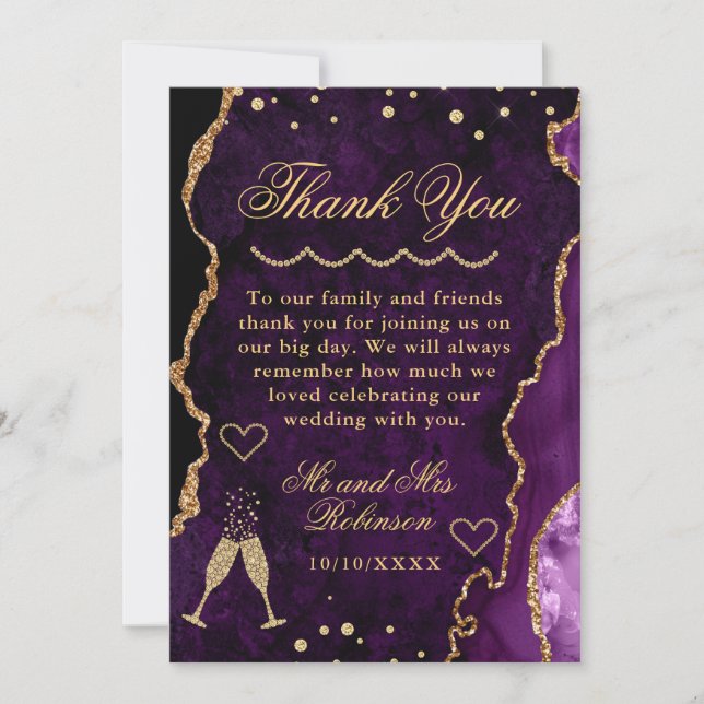 Carte De Remerciements Parties scintillant violet et or Marbre Agate Mari (Devant)